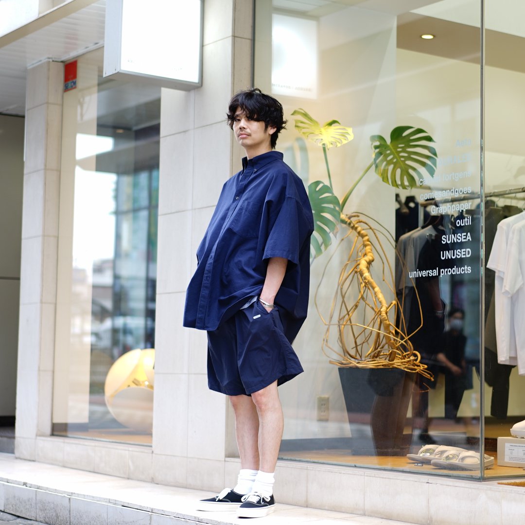 Graphpaper(グラフペーパー)Oxford S/S Oversized B.D Shirt (GM24250021B)  /Gray/Navy/Black