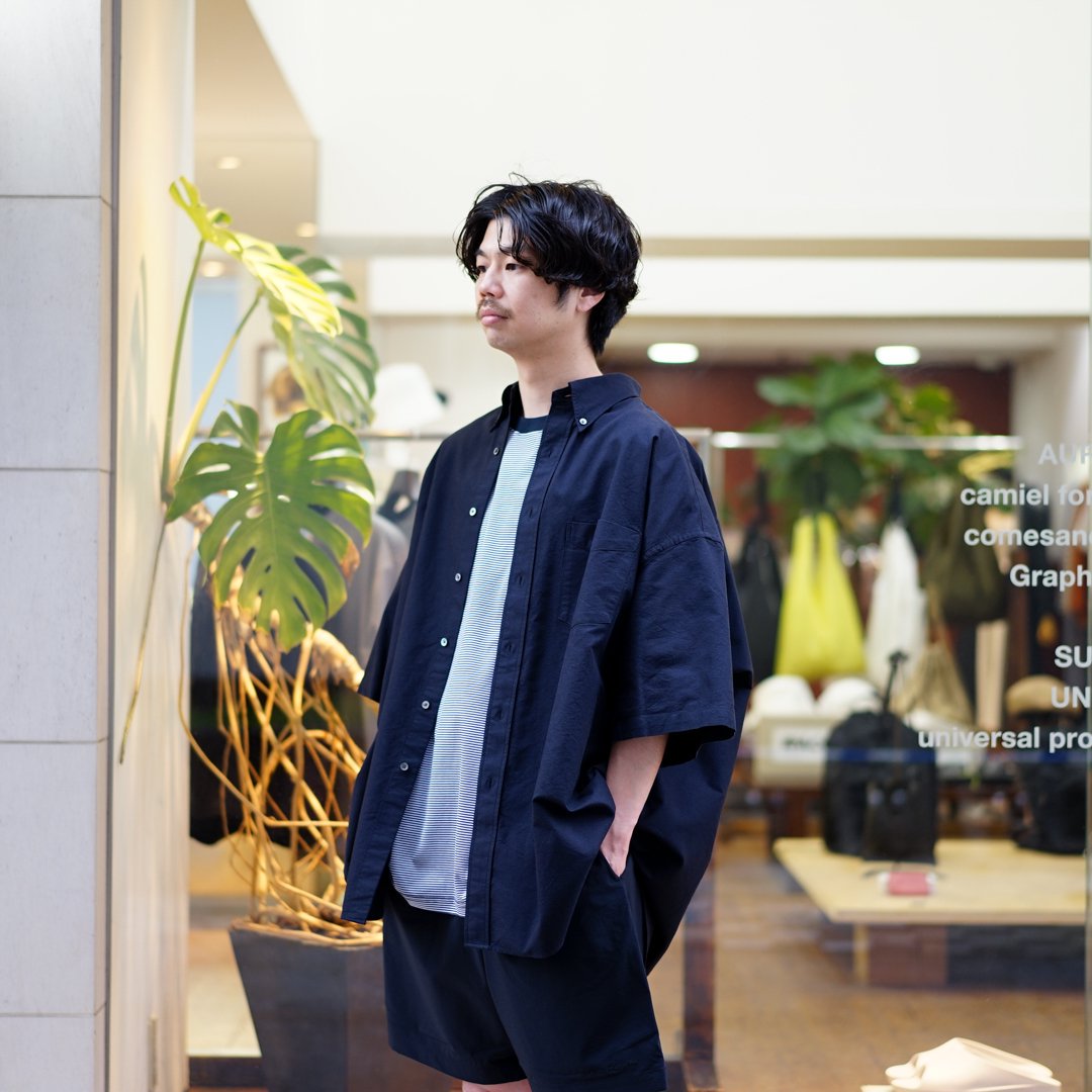 Graphpaper(グラフペーパー)Oxford S/S Oversized B.D Shirt (GM24250021B)  /Gray/Navy/Black