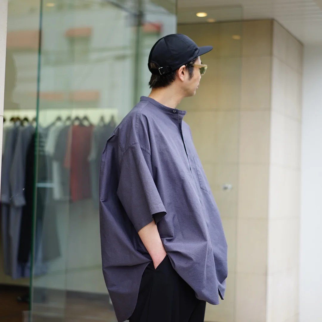 Graphpaper (グラフペーパー)Oxford S/S Oversized Band Collar Shirt (GM242-50022B)  /Gray/Navy/Black