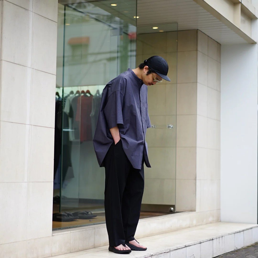 Graphpaper (グラフペーパー)Oxford S/S Oversized Band Collar Shirt (GM242-50022B)  /Gray/Navy/Black