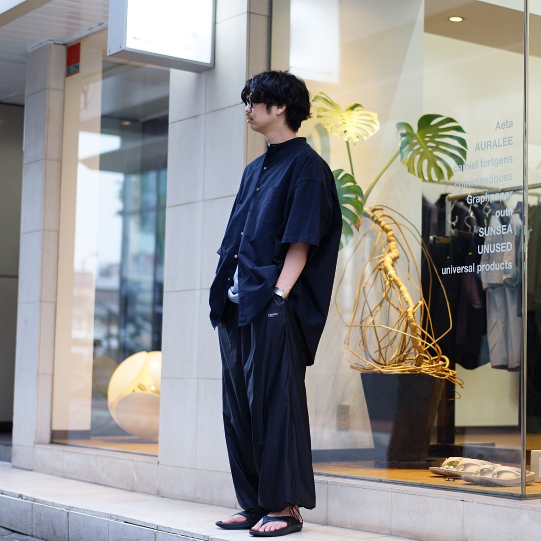 Graphpaper (グラフペーパー)Oxford S/S Oversized Band Collar Shirt (GM242-50022B)  /Gray/Navy/Black