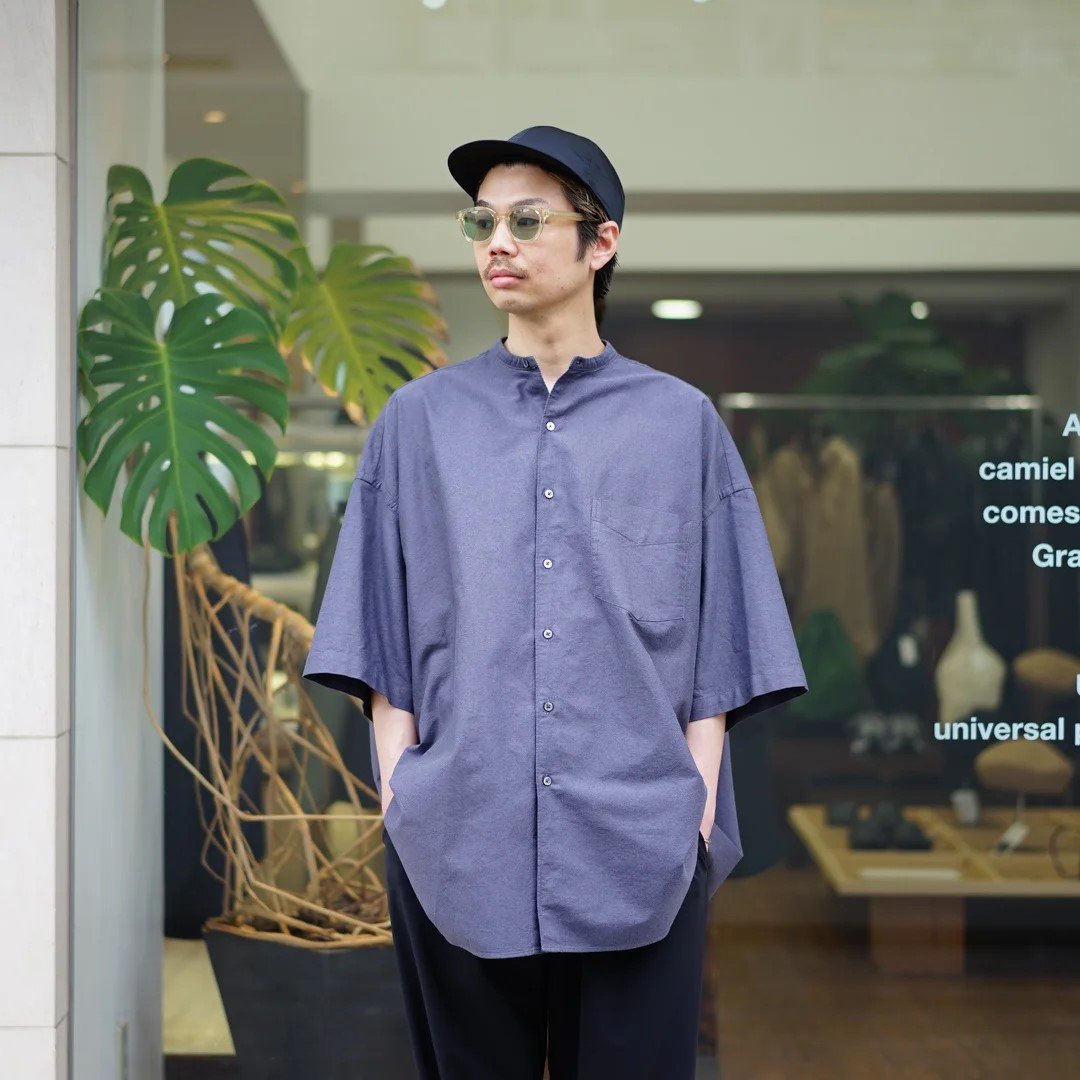 Graphpaper (グラフペーパー)Oxford S/S Oversized Band Collar Shirt (GM242-50022B)  /Gray/Navy/Black