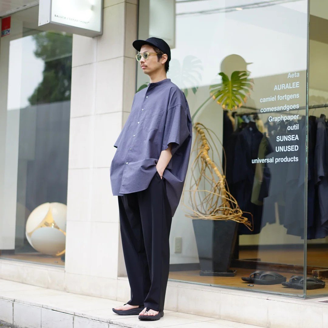 Graphpaper (グラフペーパー)Oxford S/S Oversized Band Collar Shirt (GM242-50022B)  /Gray/Navy/Black