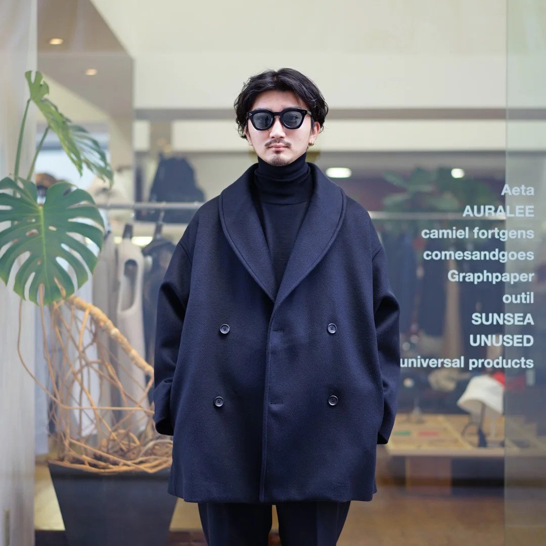 Graphpaper (グラフペーパー)Light Melton Shawl Collar Coat (GM243-10272B)/Black