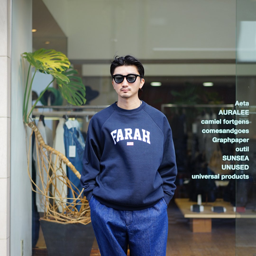 [unisex] FARAH (ե顼) Printed Graphic Crewneck Sweatshirt"College LOGO"(FR0403-M3012)T.Gray/Navy