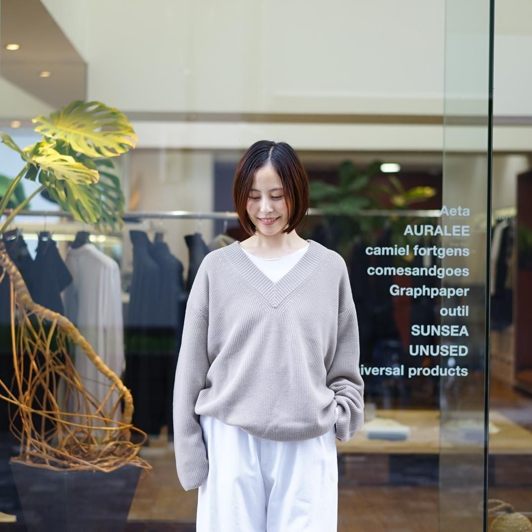 [women's] Graphpaper for women's/Mercerized Fine Wool Oversized 
V Neck Knit(GL253-80466)/Grege
