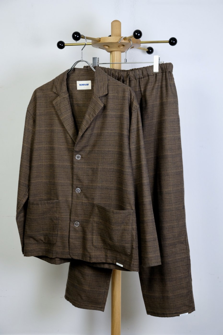 NOWHAW ノウハウ-DAY PAJAMA COTTON WOOL GREN CHECK-BROWN-