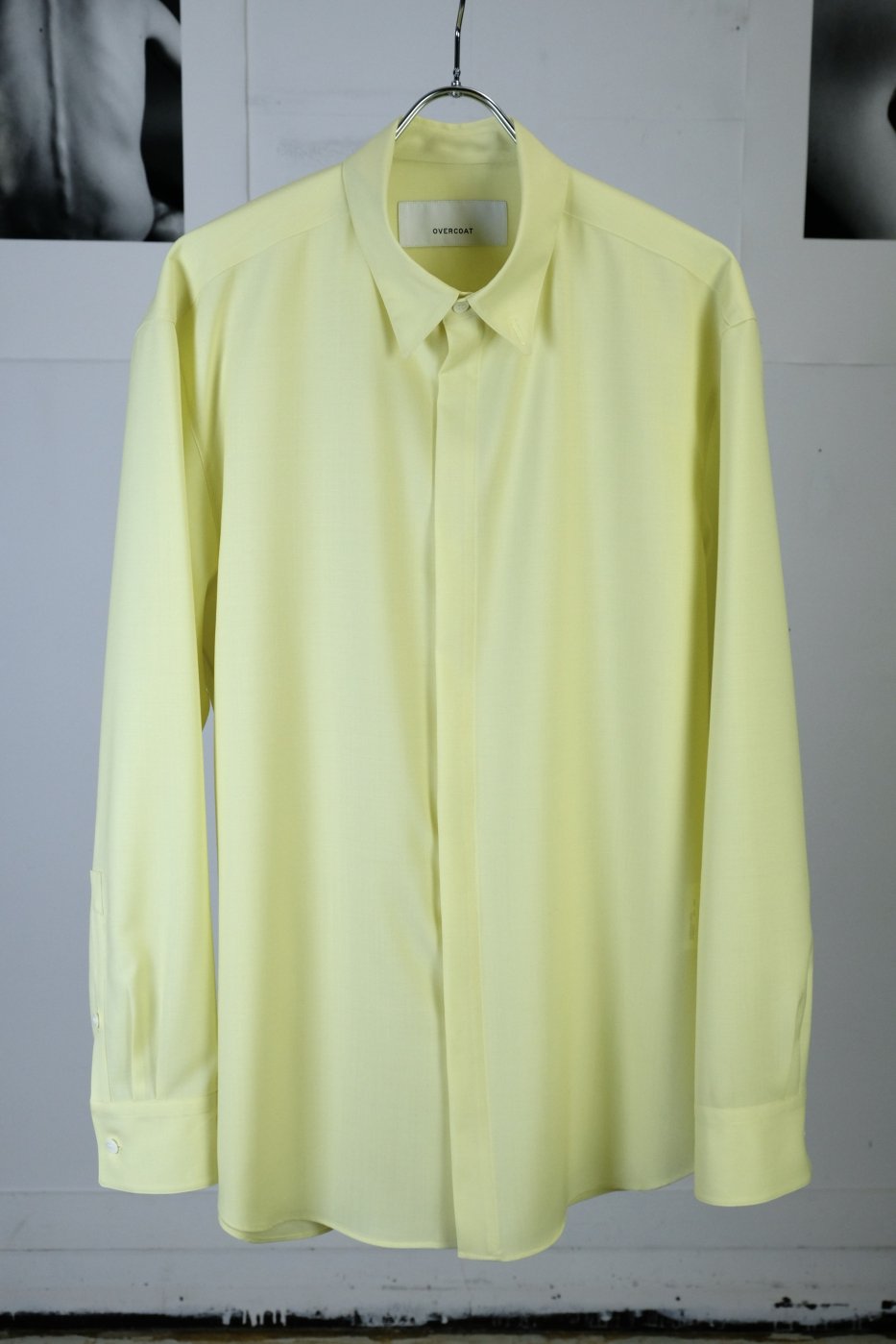 OVER COAT オーバーコート-DROPPED SHOULDER TOP WITH SHIRT COLLAR IN WOOL SHIRTING-YELLOW