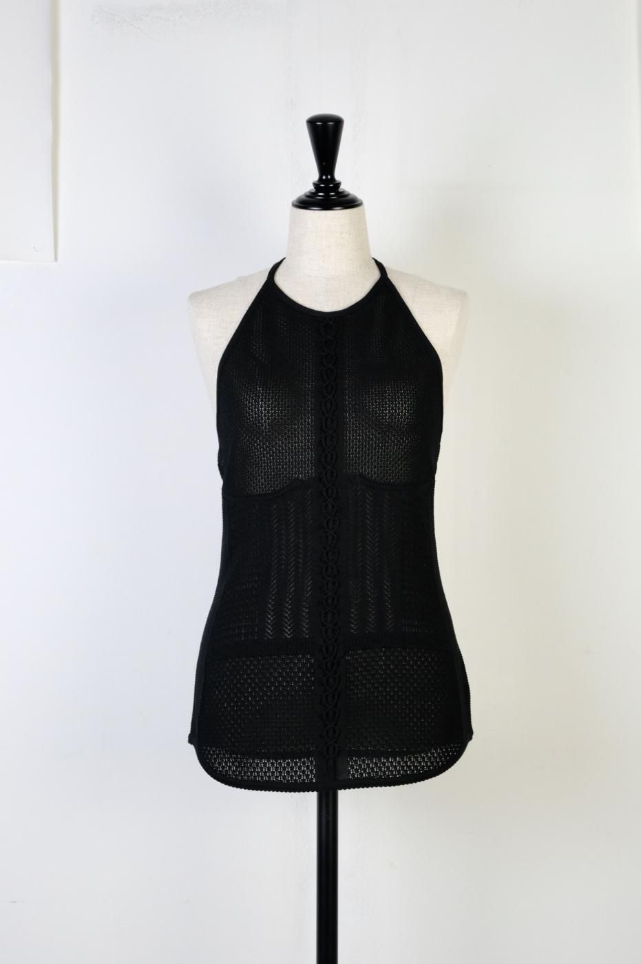 Mame Kurogouchi-OPENWORK LACE UP KNITTED TOP-BLACK 