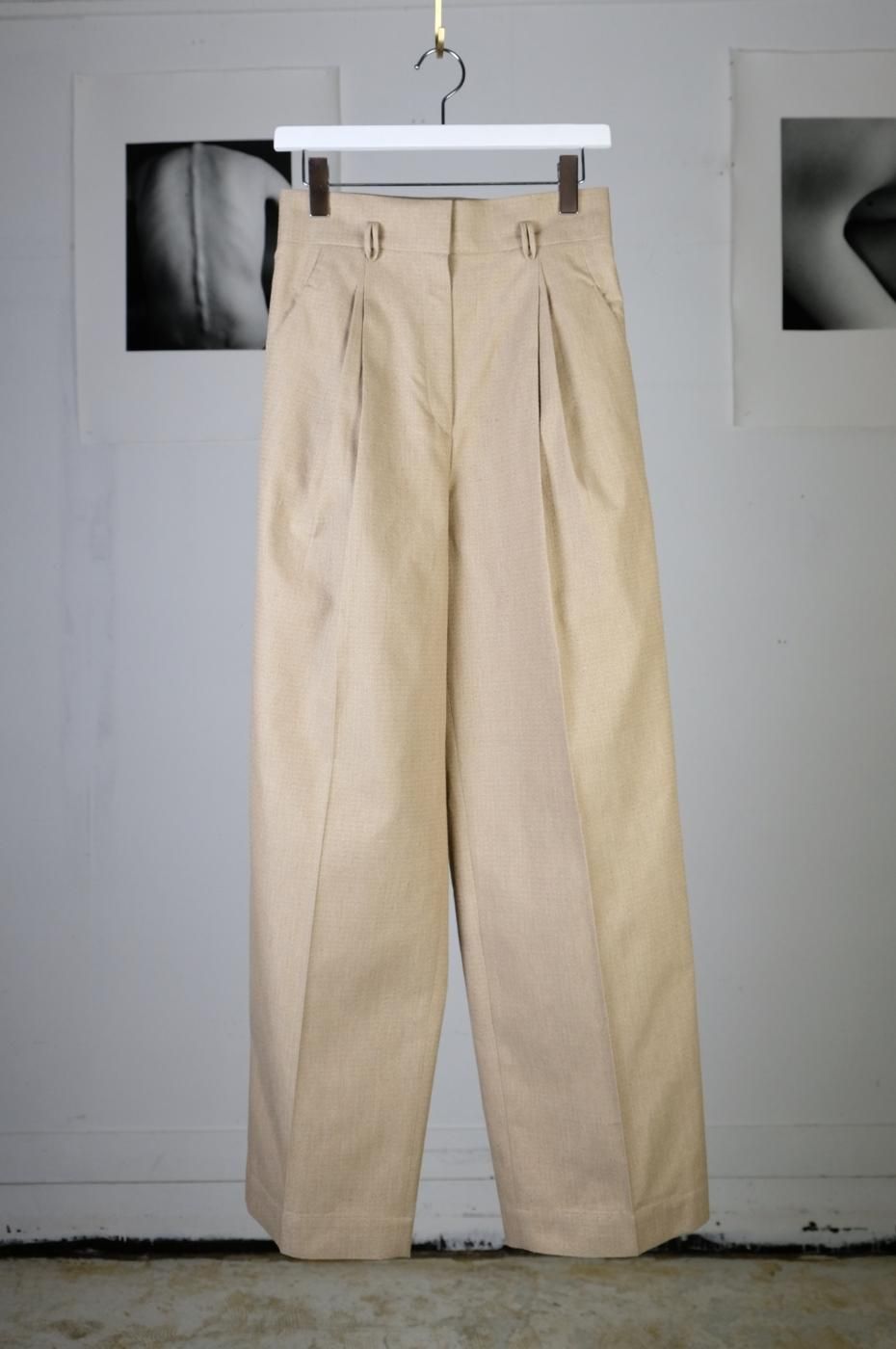 Mame Kurogouchi-NATURALLY COLOURED COTTON DOBBY WIDE TROUSERS-BEIGE