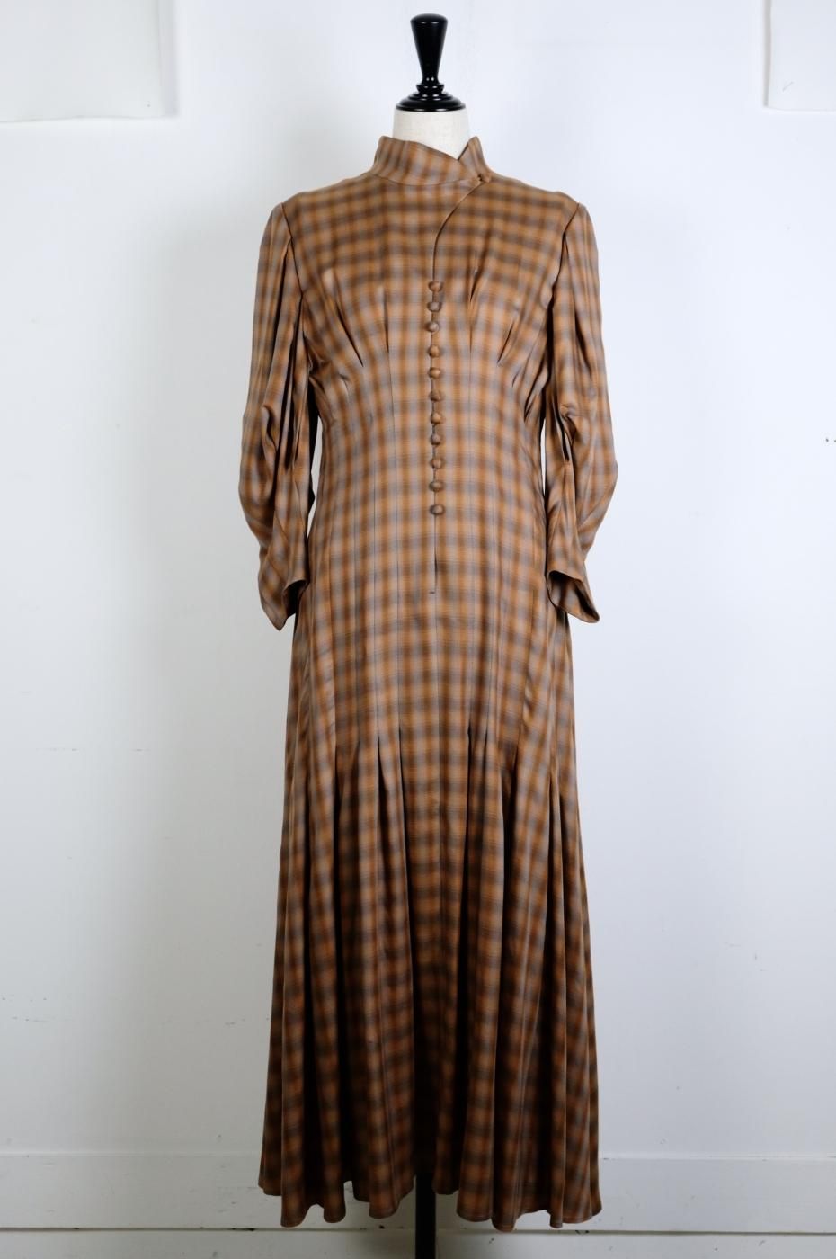 Mame Kurogouchi ޥ᥯-LINEN MIX OMBRE CHECK FLARE DRESS-BROWN