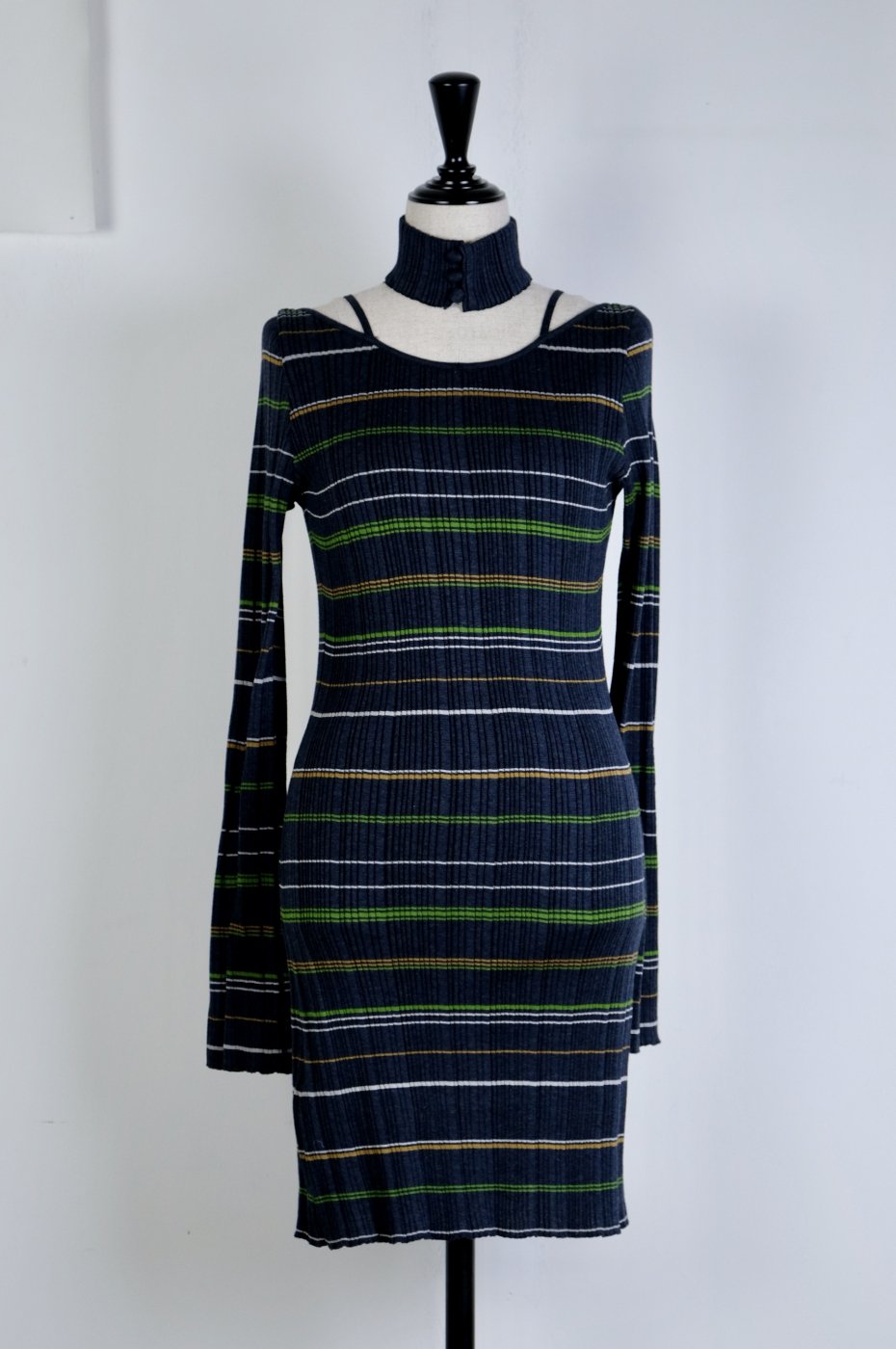 【50%OFF】Mame Kurogouchi マメクロゴウチ-RANDOM RIBBED PLAID KNITTED DRESS WITH  CHOKER-NAVY - LOCALERS