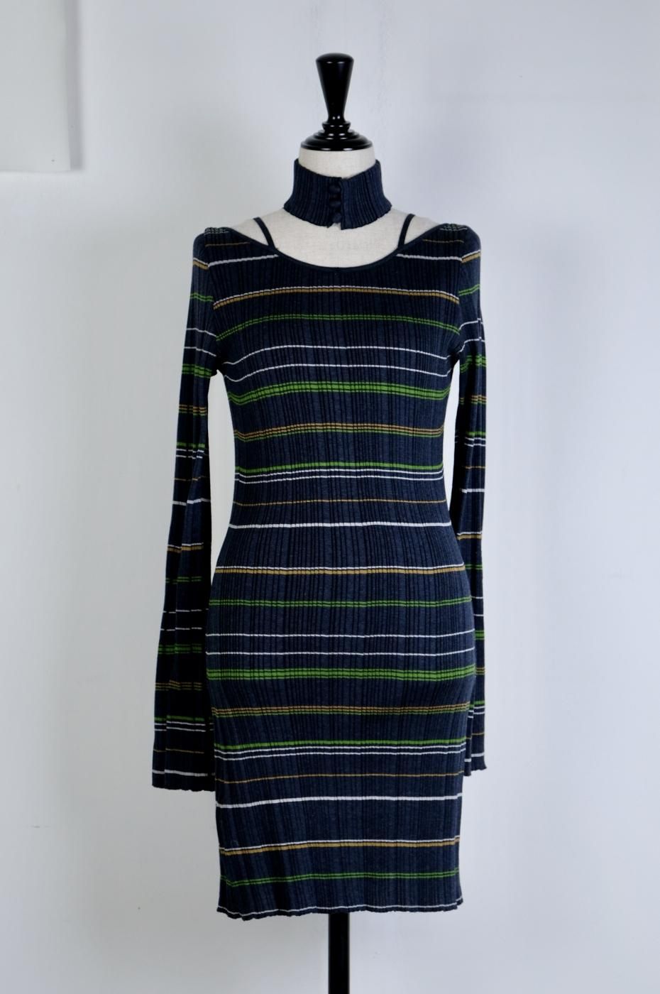 Mame Kurogouchi ޥ᥯-RANDOM RIBBED PLAID KNITTED DRESS WITH CHOKER-NAVY