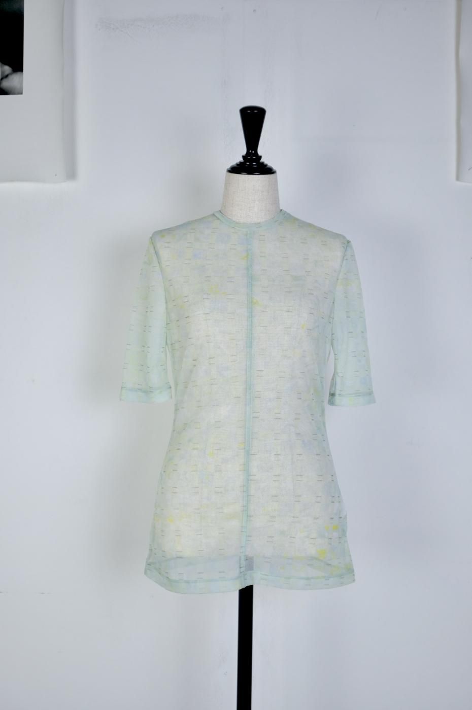 Mame Kurogouchi ޥ᥯-MARBLE PRINTED PLAID SHEER CREW NECK TOP-MINT GREEN