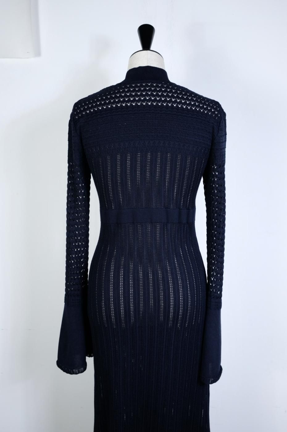 Mame Kurogouchi マメクロゴウチ-LACE STRIPE KNITTED DRESS-NAVY