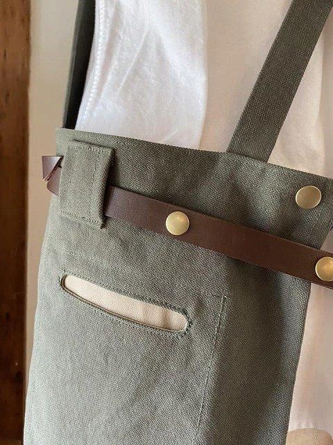 胸当て付きベルトエプロン（帆布カーキグレー×マッシュルーム×こげ茶