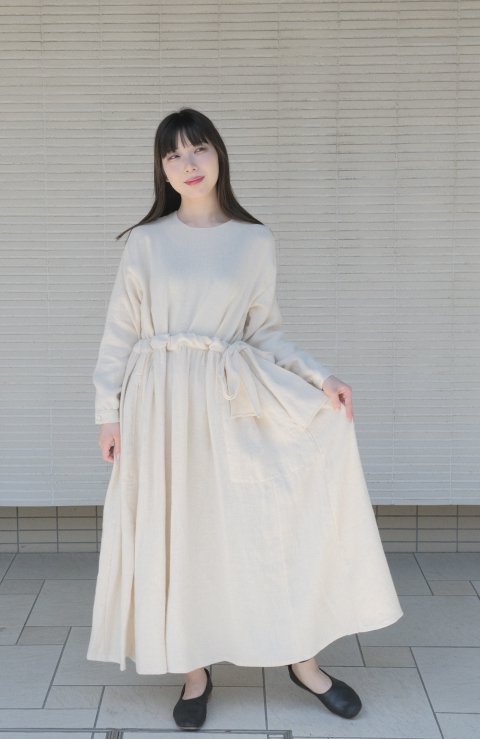 COSMIC WONDER / Old linen wool twill farmer dress (White)