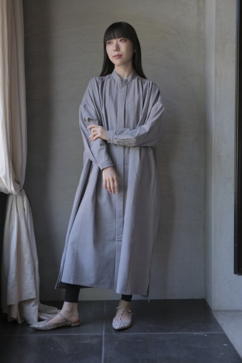 COSMIC WONDER / Light merino wool linen cotton glencheck elegant gathered shirt dress (gray)