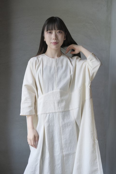 COSMIC WONDER / Light merino wool linen cotton glencheck elegant big dress (White)