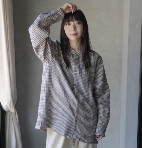 atelier naruse /  linen check band-collar shirt