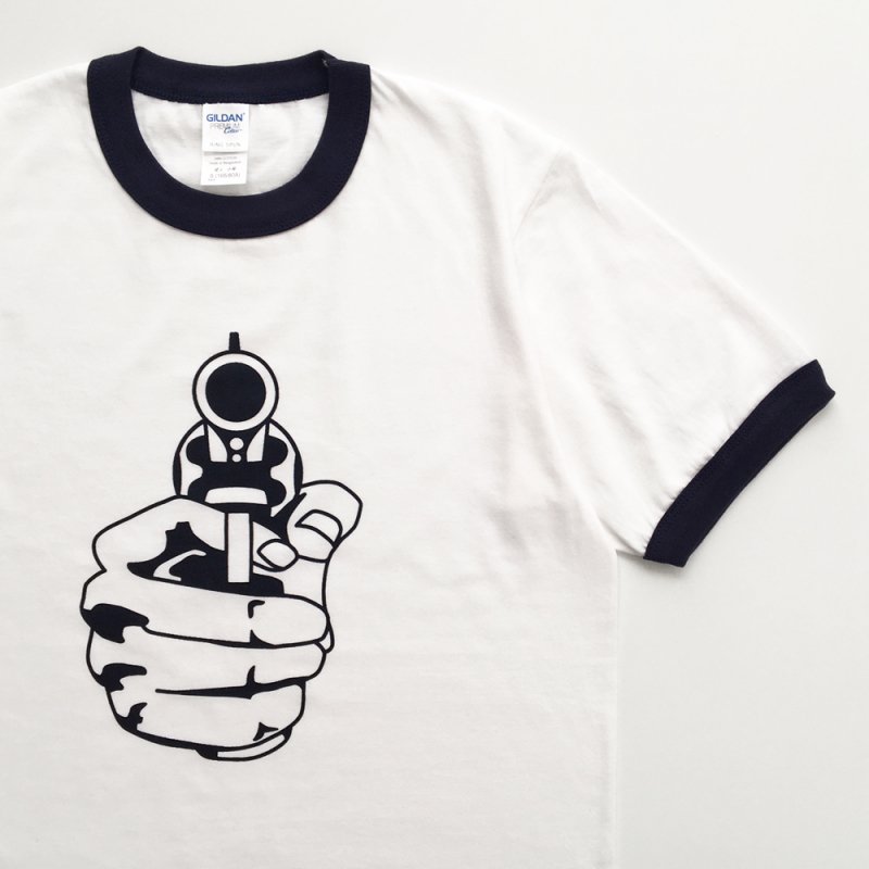 POP GEAR キース・ムーン “KEITH MOON PISTOL” リンガーTシャツ〈ホワイト／ネイビー〉 -  英国直輸入MODクロージング・60s POP Tシャツ『DoiN' THe MoD』オンラインモッズショップ