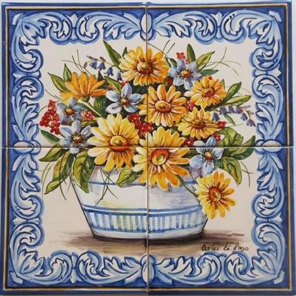 組タイル・SET219】カラー4枚組 花 - ポルトガル装飾タイル