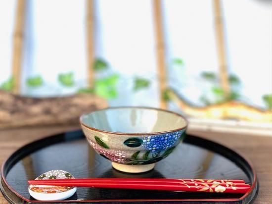 九谷焼 飯碗 茶碗 大 がく紫陽花ピンク＆ブルー 裏絵-百華園