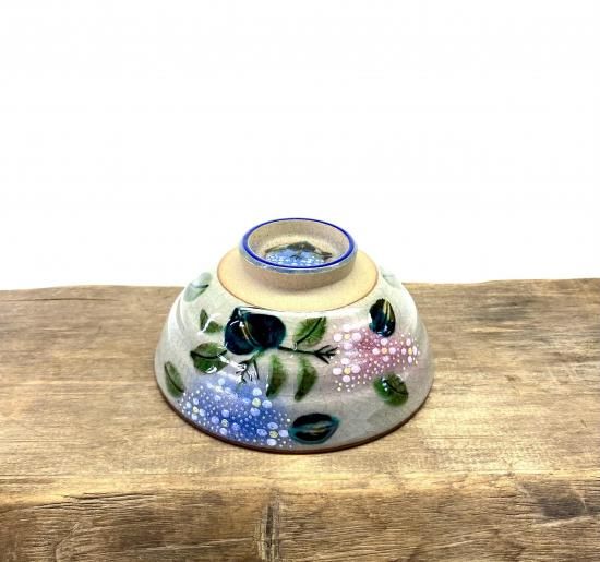 九谷焼 飯碗 茶碗 大 がく紫陽花ピンク＆ブルー 裏絵-百華園