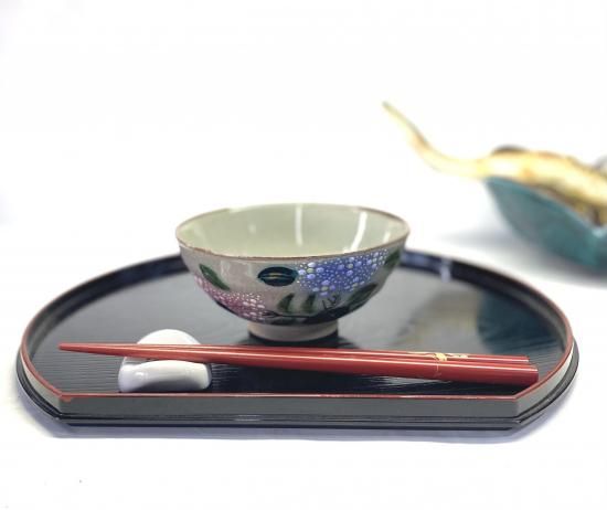 九谷焼 飯碗 茶碗 大 がく紫陽花ピンク＆ブルー 裏絵-百華園