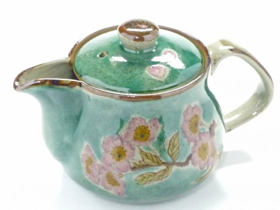 九谷焼おしゃれな急須 小 ソメイヨシノ緑塗り 裏絵(Kutani Teapot