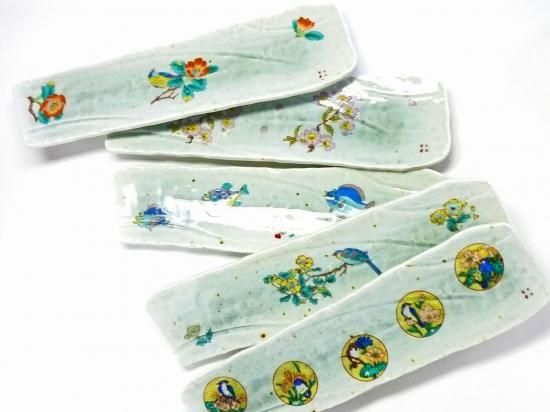 九谷焼 お皿 長皿 料亭風 絵変り5枚 裏絵 九谷焼 お皿 長皿 料亭風 絵変り5枚 裏絵