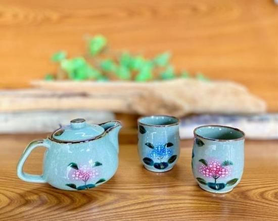 九谷焼 急須3点セット 大 がく紫陽花ブルー＆ブルー 裏絵（湯呑同
