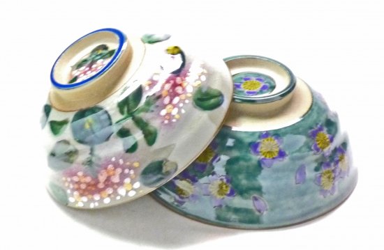 九谷焼『ペア飯碗』がく紫陽花ピンク＋ピンク＆グリーン地桜 裏絵-