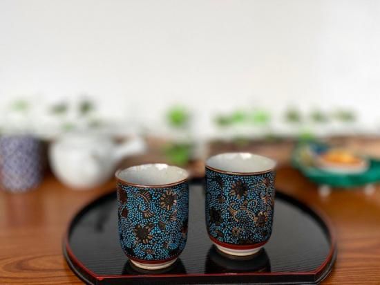 九谷焼 夫婦湯呑 青粒ハンコ版 九谷焼 夫婦湯呑 青粒ハンコ版