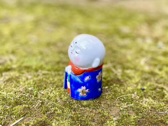 九谷焼 お地蔵様 地蔵 幸運 置物 ブルー地桜 ピンクほっぺ ハート 裏書