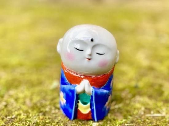 九谷焼 お地蔵様 地蔵 幸運 置物 ブルー地桜 ピンクほっぺ