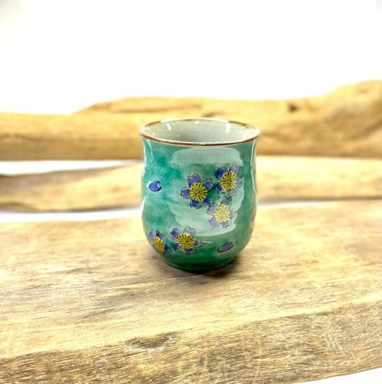 わけあり品-九谷焼 湯呑 湯飲み 大 グリーン地桜 裏絵-高台突起有の為