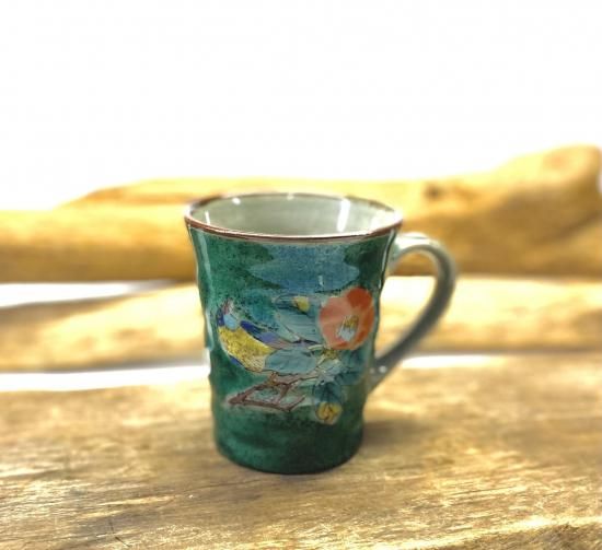 わけあり品-九谷焼 マグカップ 椿に鳥 緑塗り 裏絵-裏絵転写ミスの為 わけあり品-九谷焼 マグカップ 椿に鳥 緑塗り 裏絵-裏絵転写ミスの為