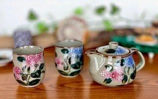 九谷焼 急須3点セット 大 がく紫陽花ピンク＆ブルー 裏絵