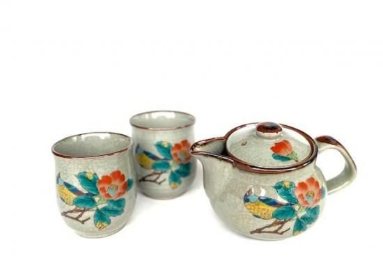 九谷焼急須 九谷焼 急須2点セット 小 金糸梅に鳥 裏絵-百華園