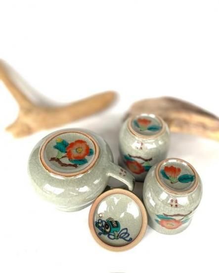 九谷焼 急須3点セット 大 椿に鳥 裏絵-百華園