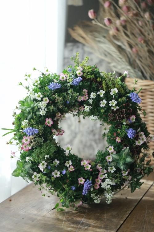 寄せ植えリース 花 雲間草のブリコラージュフラワーリース