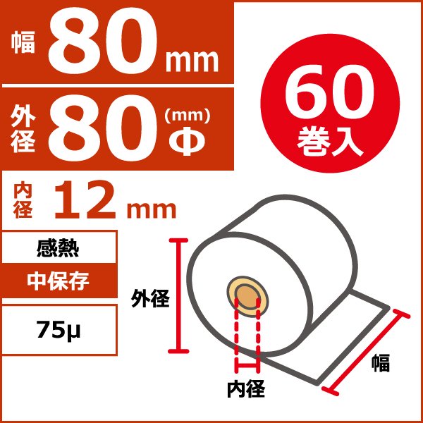 感熱ロール紙 80×80×12 中保存タイプ （60巻） - 3