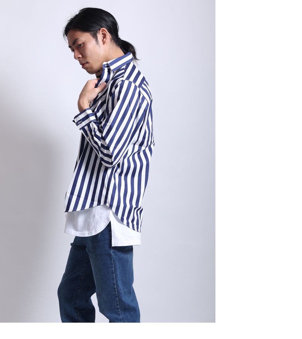 【美品】イッセイミヤケ プリーツ ドッキングシャツ 柄 ストライプ×ドット 長袖