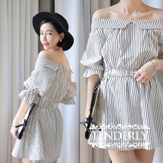 ストライプがさわやか オフショルダーワンピース 韓国プチプラパーティードレス通販 Tenderly Dress