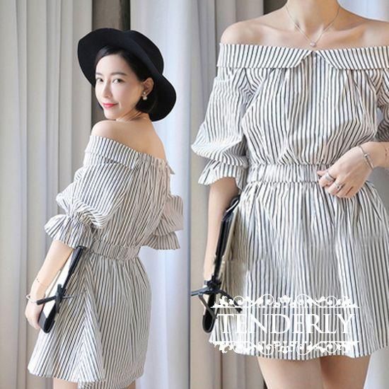 ストライプがさわやか オフショルダーワンピース 韓国プチプラパーティードレス通販 Tenderly Dress ストライプがさわやか オフショルダーワンピース 韓国プチプラパーティードレス通販 Tenderly Dress