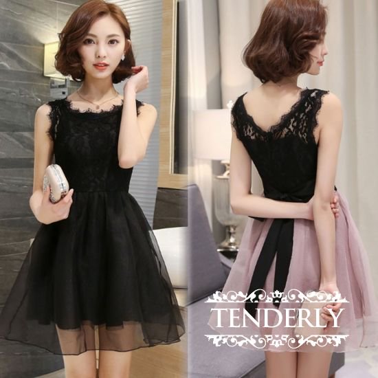 バックリボンがキュートなシースルーレースチュールミニドレスワンピース 黒 ピンク 韓国プチプラパーティードレス通販 Tenderly Dress