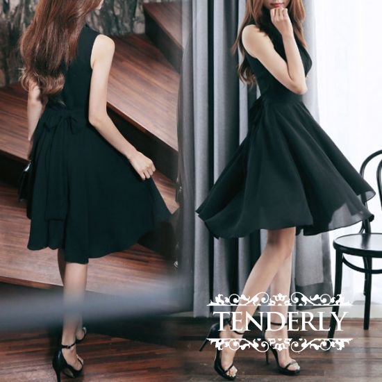 シフォンバックリボン カシュクールフレアワンピース 黒/赤 - 韓国プチプラパーティードレス通販『TENDERLY DRESS』