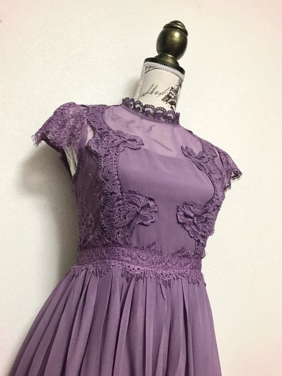 胸下切替 レースが綺麗なシフォンフレアロングドレスワンピース 紫