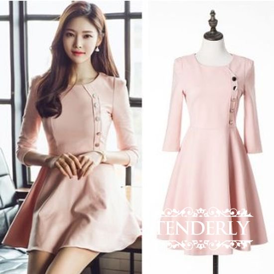 ベビーピンクのaライン七分袖ワンピース 韓国プチプラパーティードレス通販 Tenderly Dress